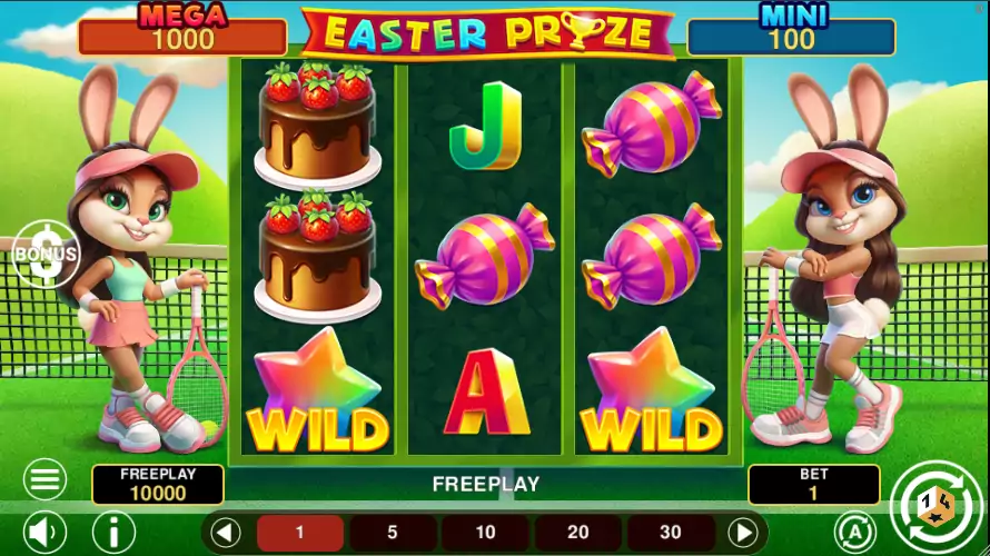 Gra Lucky Easter 10 od 1Spin4Win, wielkanocnego tematu, zajączki.