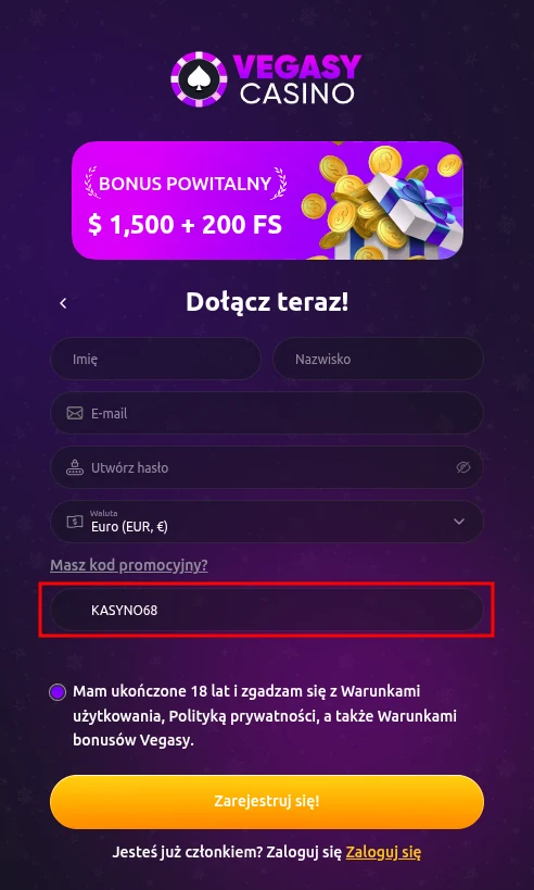 Wprowadzanie Vegasy kod promocyjny